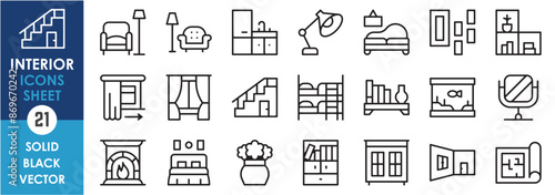 A set of line icons related to interior. Design, frames, aquarium, mirror, map, window, book shelf, sofa, curtains, oven, and so on. Vector outline icons set.
