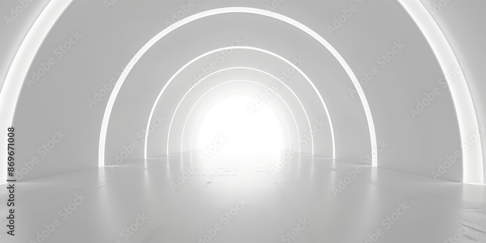 Fototapeta premium A futuristic, bright white tunnel with glowing lights. Clean lines and modern design in a sci-fi atmosphere.