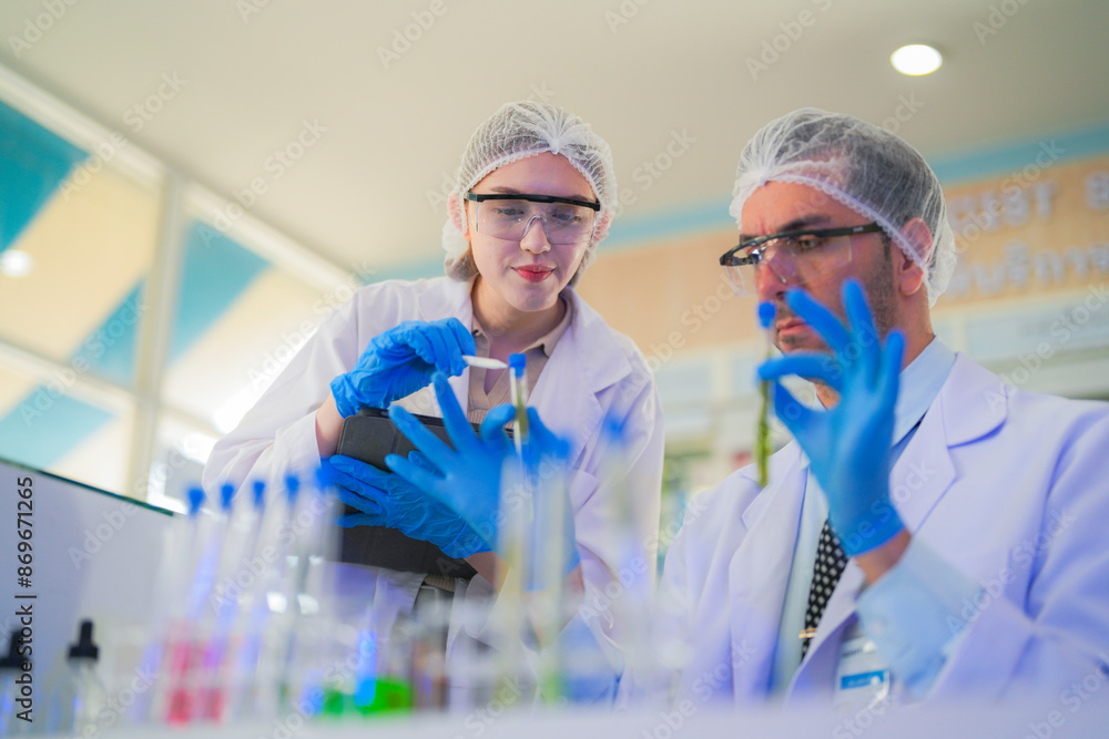 scientists perform experiments and record data. people arranges equipment with test tubes and chemicals for producing medicine and biochemistry. man hold tubes of chemical liquids and plant samples. scientists perform experiments and record data. people arranges equipment with test tubes and chemicals for producing medicine and biochemistry. man hold tubes of chemical liquids and plant samples.
