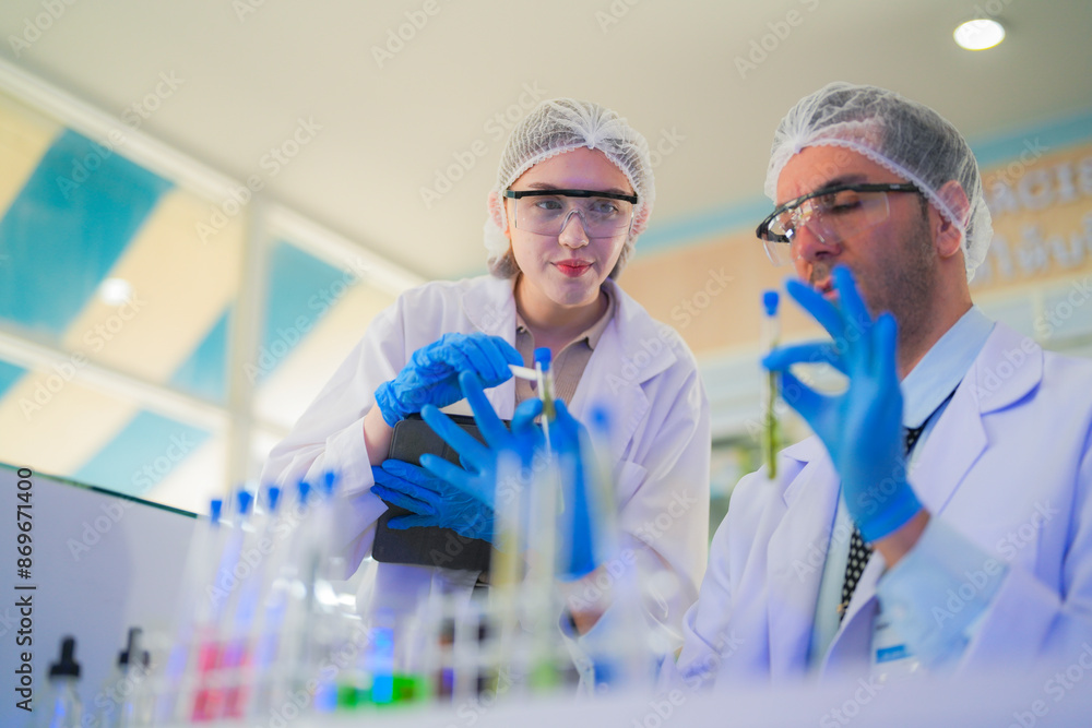 scientists perform experiments and record data. people arranges equipment with test tubes and chemicals for producing medicine and biochemistry. man hold tubes of chemical liquids and plant samples. scientists perform experiments and record data. people arranges equipment with test tubes and chemicals for producing medicine and biochemistry. man hold tubes of chemical liquids and plant samples.