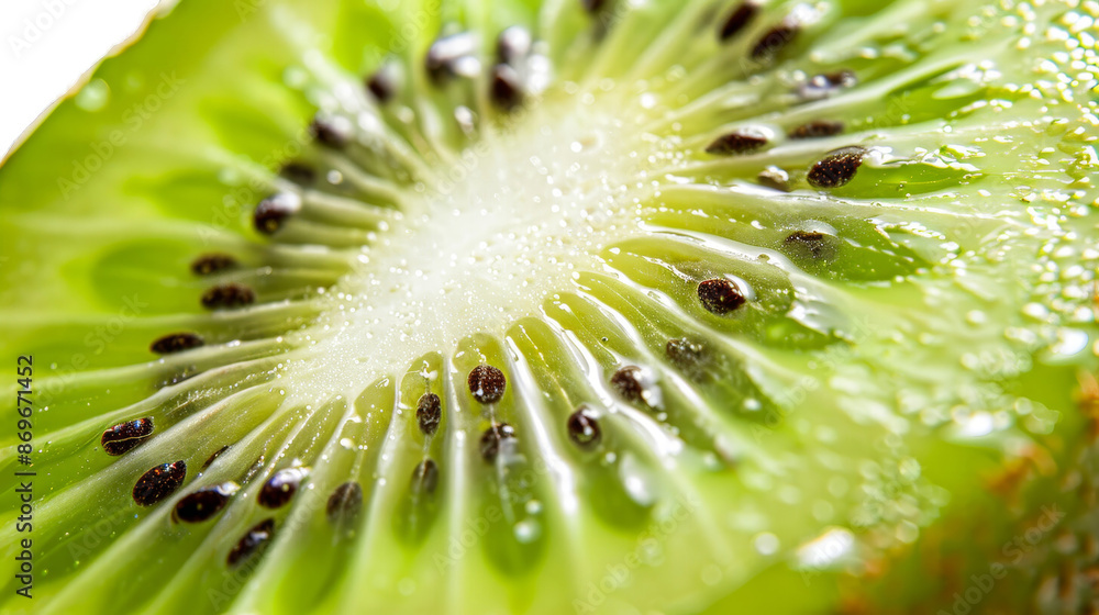 Close-up of a fresh kiwi slice with vibrant green flesh and black seeds, showcasing its juicy and delicious texture. Close-up of a fresh kiwi slice with vibrant green flesh and black seeds, showcasing its juicy and delicious texture.