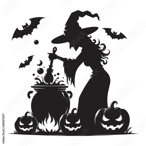 Halloween witch silhouette with broomstick, hats and magic pot vector illustration isolated on white background