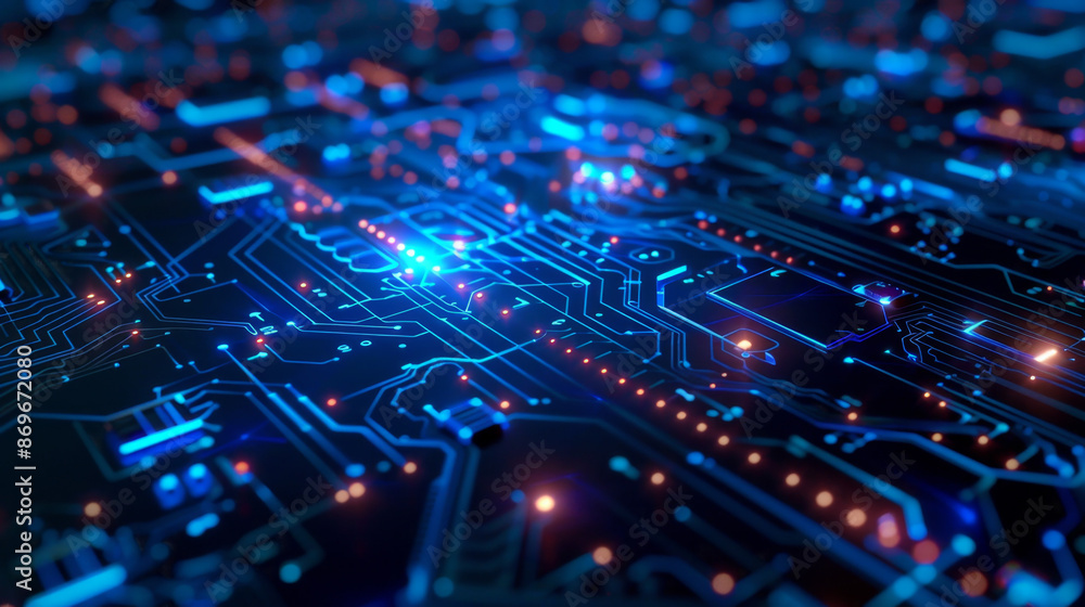 Abstract background with a blue glowing digital circuit board, depicting a technology and information exchange concept Abstract background with a blue glowing digital circuit board, depicting a technology and information exchange concept