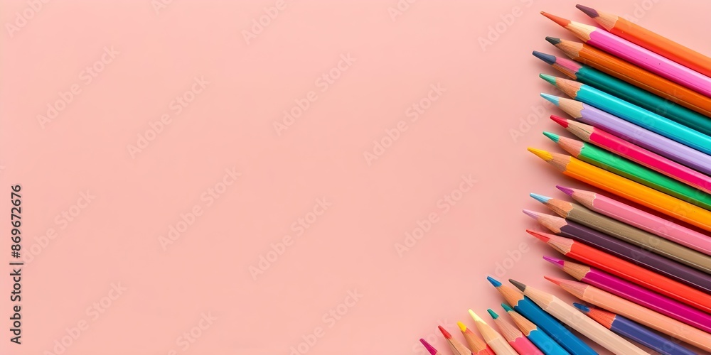 Fototapeta premium Top view of school supplies on blank paper background for design. Concept School Supplies, Top View, Blank Paper, Background Design, Stationery