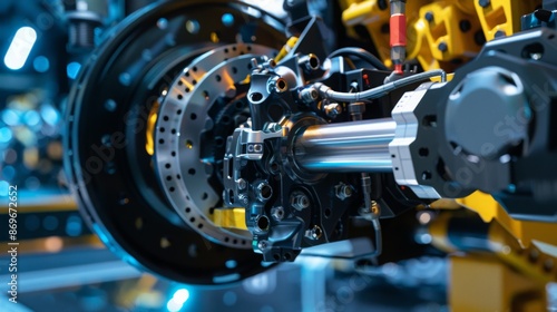 A close-up view of a machines axle and brake system, showcasing the intricate details and functionality of the components.