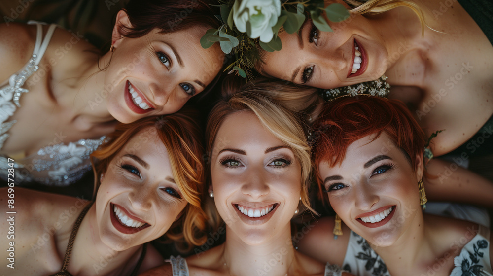 Obraz premium A group portrait of the bride and her bridesmaids with unique makeup looks that exude joy for their wedding.