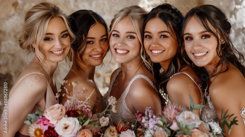 A group portrait of the bride and her bridesmaids with unique makeup looks that exude joy for their wedding.
