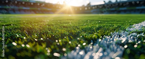 Closeup of Green Grass on a Sunny Day at a Football Stadium