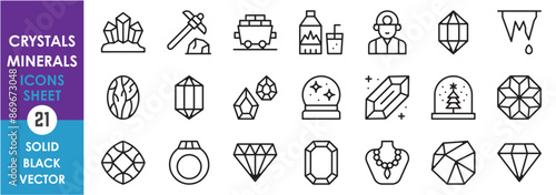 A set of line icons related to crystals and minerals. Crystal, diamond, shine, emerald, refract, crystal ball, marbel, hexagonal, miner, mineral water and so on. Vector outline icons set.