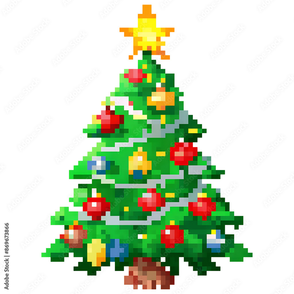 Pixel art depiction of a festive Christmas tree, adorned with colorful ornaments and a shining star on top, conveying holiday spirit. Pixel art depiction of a festive Christmas tree, adorned with colorful ornaments and a shining star on top, conveying holiday spirit.