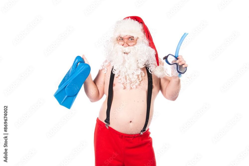 Obraz premium Summer and vacation. Funny Santa Claus with a mask and flippers. White background.