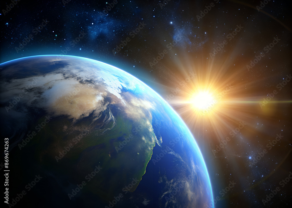 Spectacular view of Earth from space with the sun rising over the horizon, highlighting our planet's vibrant colors and stunning contrasts. Spectacular view of Earth from space with the sun rising over the horizon, highlighting our planet's vibrant colors and stunning contrasts.