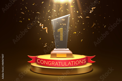 Gold award. Winner trophy. Golden prize on winning podium. Number 1 medal. Confetti for celebrate ceremony. Glass reward. Competition success. Leader achievement. Vector victory banner