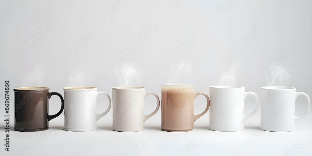 Assorted coffee mugs with milk and steam on a white background. Concept Food Photography, Coffee Culture, Beverage Styling, Minimalist Design Assorted coffee mugs with milk and steam on a white background. Concept Food Photography, Coffee Culture, Beverage Styling, Minimalist Design