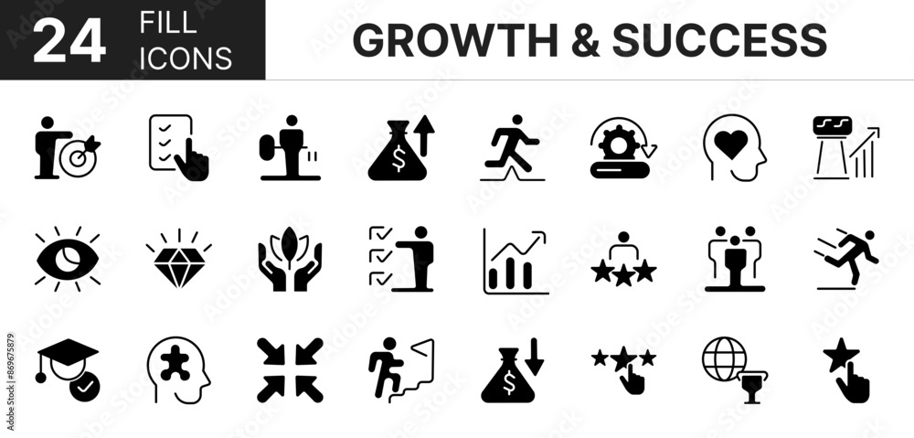 Collection of 24 Growth and success fill icons featuring editable strokes. These outline icons depict various modes of Growth and success, development, business, team, management, creative, Collection of 24 Growth and success fill icons featuring editable strokes. These outline icons depict various modes of Growth and success, development, business, team, management, creative,