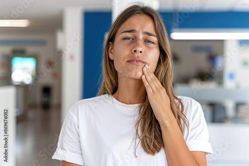 Free Download A woman in a white shirt holds her cheek with a pained expression, likely experiencing toothache. She is standing indoors. - GFXLoad