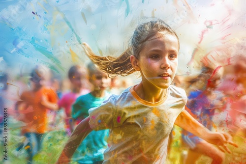Children participating in a summer sports day event, energy concept, focus on, back to school theme, dynamic, blend mode, sports field backdrop