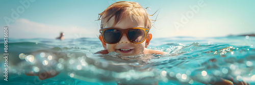 A child in sunglasses swims in the sea. Generative AI. © Daniel
