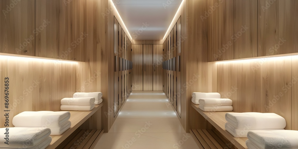 Fototapeta premium Luxurious Athleisure Brands Tennis-Inspired Chic Locker Room 3D Mockup with High-End Amenities. Concept Luxurious Athleisure Brands, Tennis-Inspired Chic, Locker Room 3D Mockup, High-End Amenities