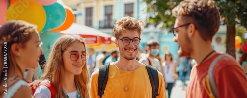 Group of university students setting up a summer club fair, engagement concept, focus on, extracurricular theme, vibrant, blend mode, club fair backdrop