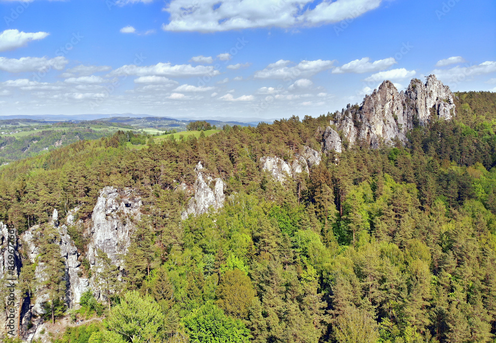 Obraz premium Rocky ridge on the hill above the forest, wild landscape