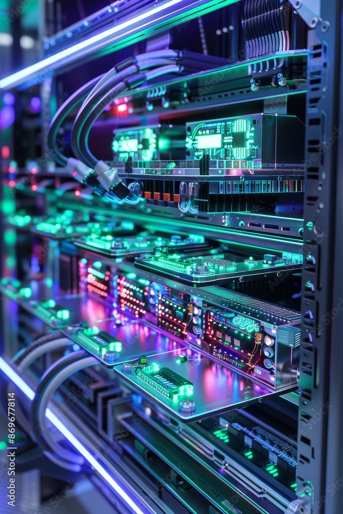 Naklejka premium Futuristic High-Performance Computing: Detailed Hardware and Software Interactions in 3D Model Style