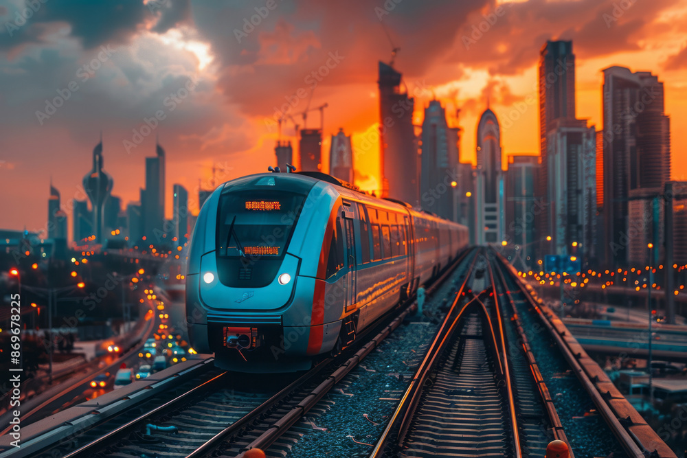 Artistic depiction of a sleek, modern train gliding through a bustling cityscape at sunset, highlighting the urban aesthetic, Artistic depiction of a sleek, modern train gliding through a bustling cityscape at sunset, highlighting the urban aesthetic,