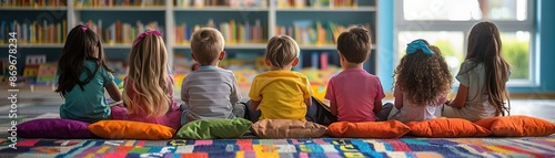 Prekindergarten students participating in a summer storytime session, engagement concept, focus on, literacy theme, realistic, manipulation, reading corner backdrop
