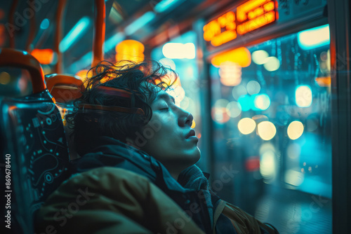 Detailed shot of a passenger relaxing in a spacious, modern bus with large windows and bright lighting,