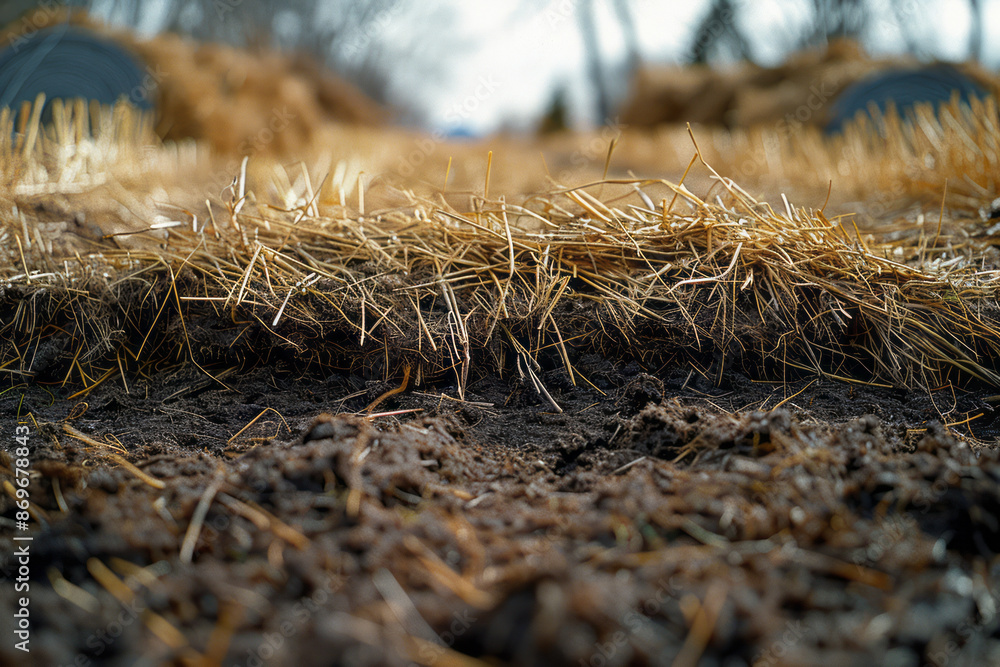 Fototapeta premium Macro shot of a lawn being dethatched, with thatch being removed from the grass surface,