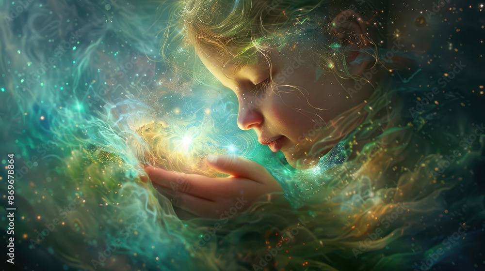 A girl is holding a glowing object in her hand, surrounded by a swirling A girl is holding a glowing object in her hand, surrounded by a swirling