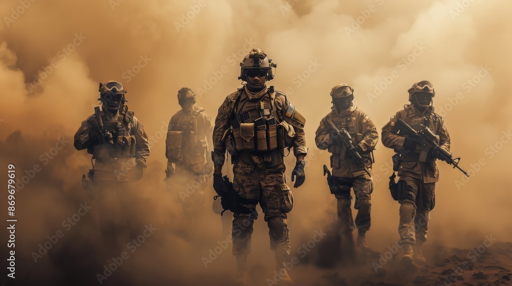 Fototapeta premium Group of several modern soldiers fully equipped facing the camera in a dusty and smoggy environment.