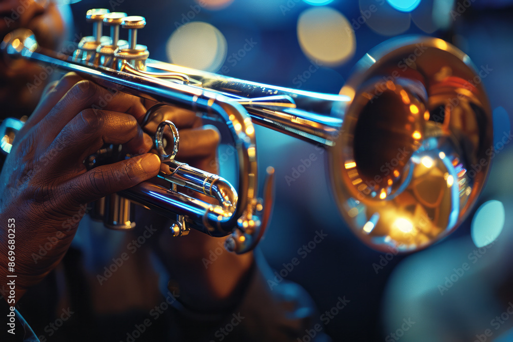Fototapeta premium Close-up of a trumpeterâ€™s valves, with the musicianâ€™s fingers moving rapidly to produce a bright sound,