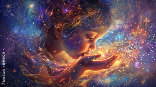 A woman is holding a baby in a space filled with stars and clouds