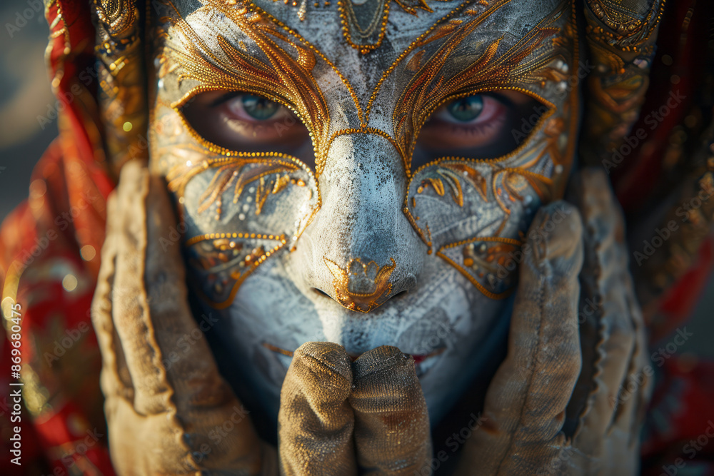 Macro view of an ornate mask held by an actor, with intricate details highlighted by soft lighting, Macro view of an ornate mask held by an actor, with intricate details highlighted by soft lighting,