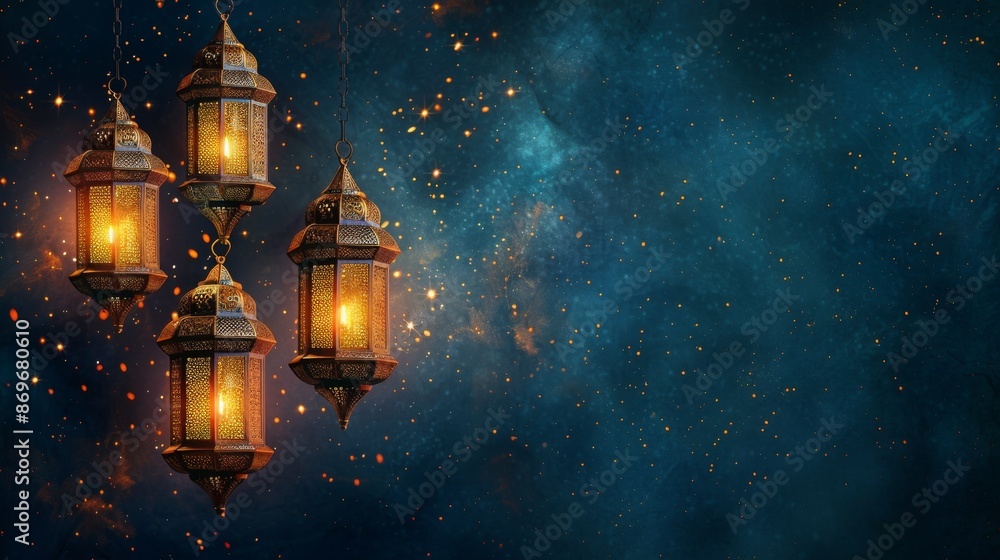 Ramadan Kareem Greeting. Ornate Lanterns glowing against a dark blue starry night background. Islamic festive concept for Ramadan, Eid al-Fitr, Eid al-Adha, Muharram. Ramadan Kareem Greeting. Ornate Lanterns glowing against a dark blue starry night background. Islamic festive concept for Ramadan, Eid al-Fitr, Eid al-Adha, Muharram.
