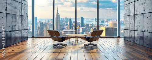 Simple office space with large windows overlooking a cityscape.