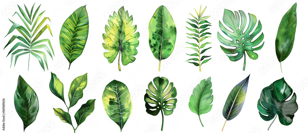 Fototapeta premium Vibrant watercolor illustration of various tropical leaves in different shapes and sizes, white background, clip art style, flat design