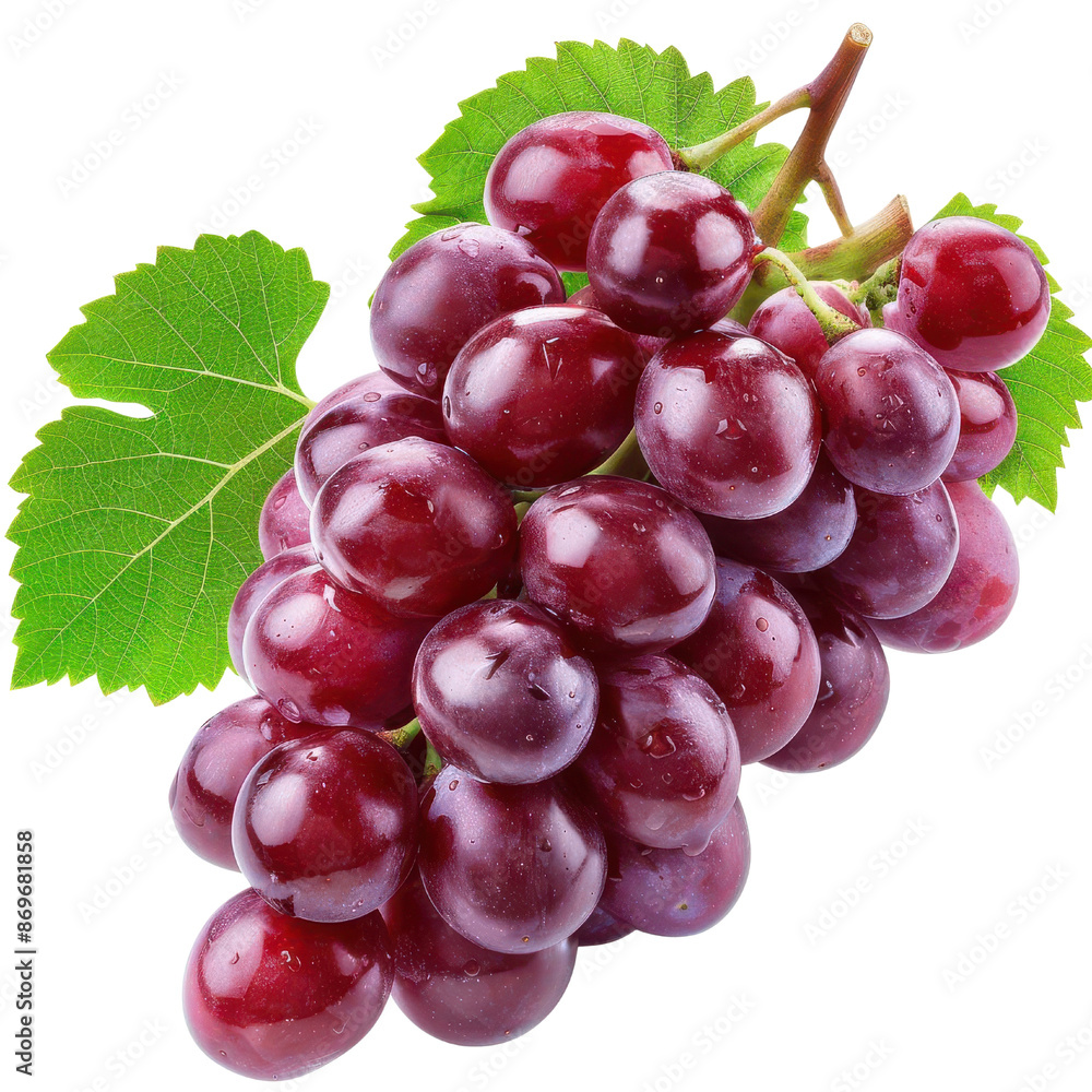 Fototapeta premium A close-up image of a fresh, vibrant bunch of red grapes with green leaves, displaying rich color and enticing texture, perfect for use in food photography.