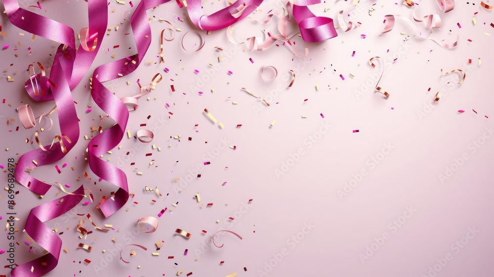 Pink ribbon and pink confetti on a white background Pink ribbon and pink confetti on a white background