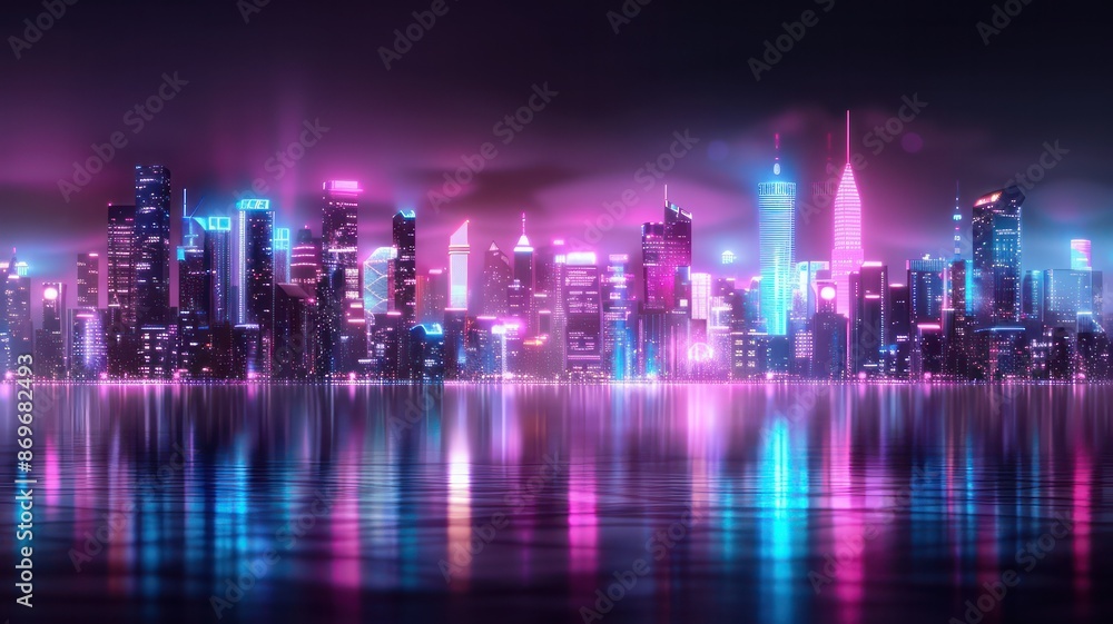 A city skyline is reflected in the water, with neon lights illuminating the buildings. Scene is vibrant and energetic, with the bright colors and the cityscape creating a sense of excitement A city skyline is reflected in the water, with neon lights illuminating the buildings. Scene is vibrant and energetic, with the bright colors and the cityscape creating a sense of excitement