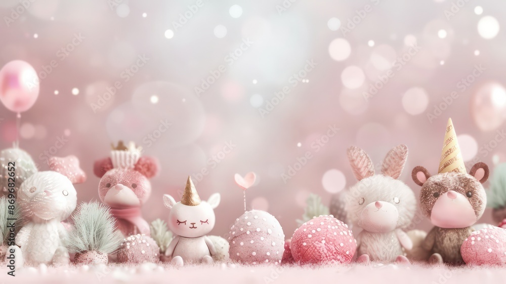 A group of stuffed animals, including a unicorn, are arranged on a pink background. Concept of warmth and playfulness, as the animals are surrounded by a festive and whimsical atmosphere A group of stuffed animals, including a unicorn, are arranged on a pink background. Concept of warmth and playfulness, as the animals are surrounded by a festive and whimsical atmosphere