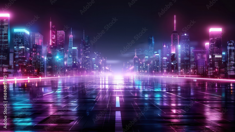 A cityscape with neon lights and a reflection of the city on the water. Scene is futuristic and vibrant A cityscape with neon lights and a reflection of the city on the water. Scene is futuristic and vibrant