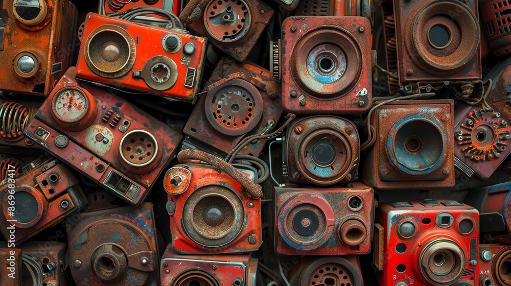 Fototapeta premium A collection of vintage, rusty speakers stacked together, showcasing nostalgic and industrial vibes with a mix of red and brown hues.