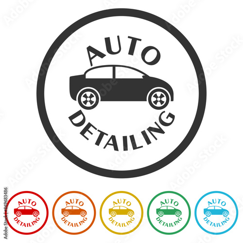 Auto detailing car logo. Set icons in color circle buttons