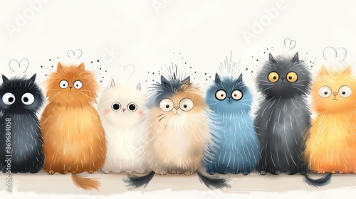 Group of cats of various breeds and colors are sitting on white background. The cats have different facial expressions and looking in different directions.