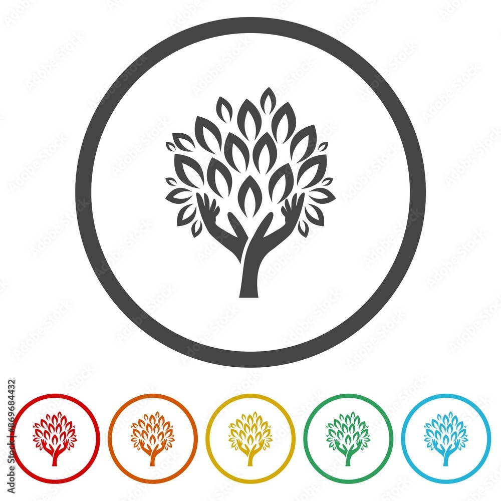 Naklejka premium Human hands and tree with green leaves icon. Set icons in color circle buttons