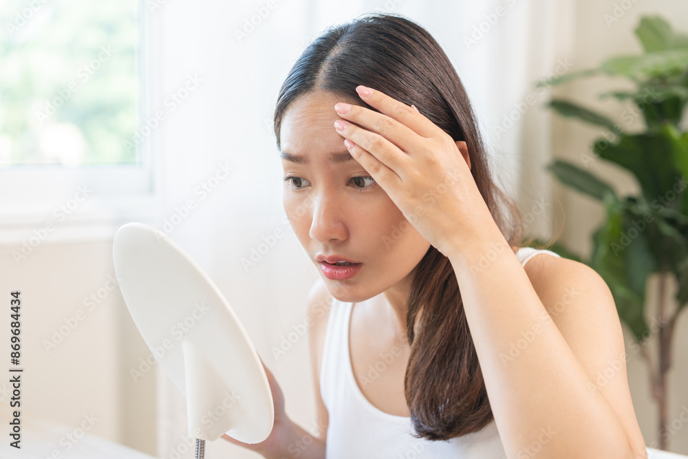Anti wrinkle aging, worry puberty asian young woman, stressed looking in mirror, allergy presenting allergic reaction from cosmetic on face. Beauty, health care from acne problem, dry skin, treatment. Anti wrinkle aging, worry puberty asian young woman, stressed looking in mirror, allergy presenting allergic reaction from cosmetic on face. Beauty, health care from acne problem, dry skin, treatment.