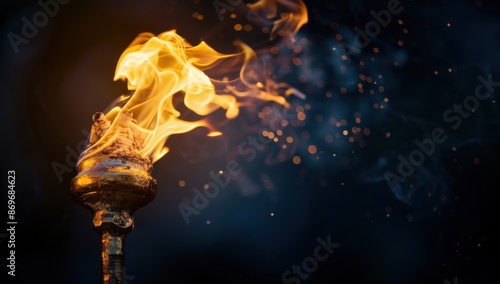 Close-up of burning torch with flame on black background, copy space concept A close up of an ancient antique torch lit and burning in the darkness, with flames against dark backdrop Generative AI