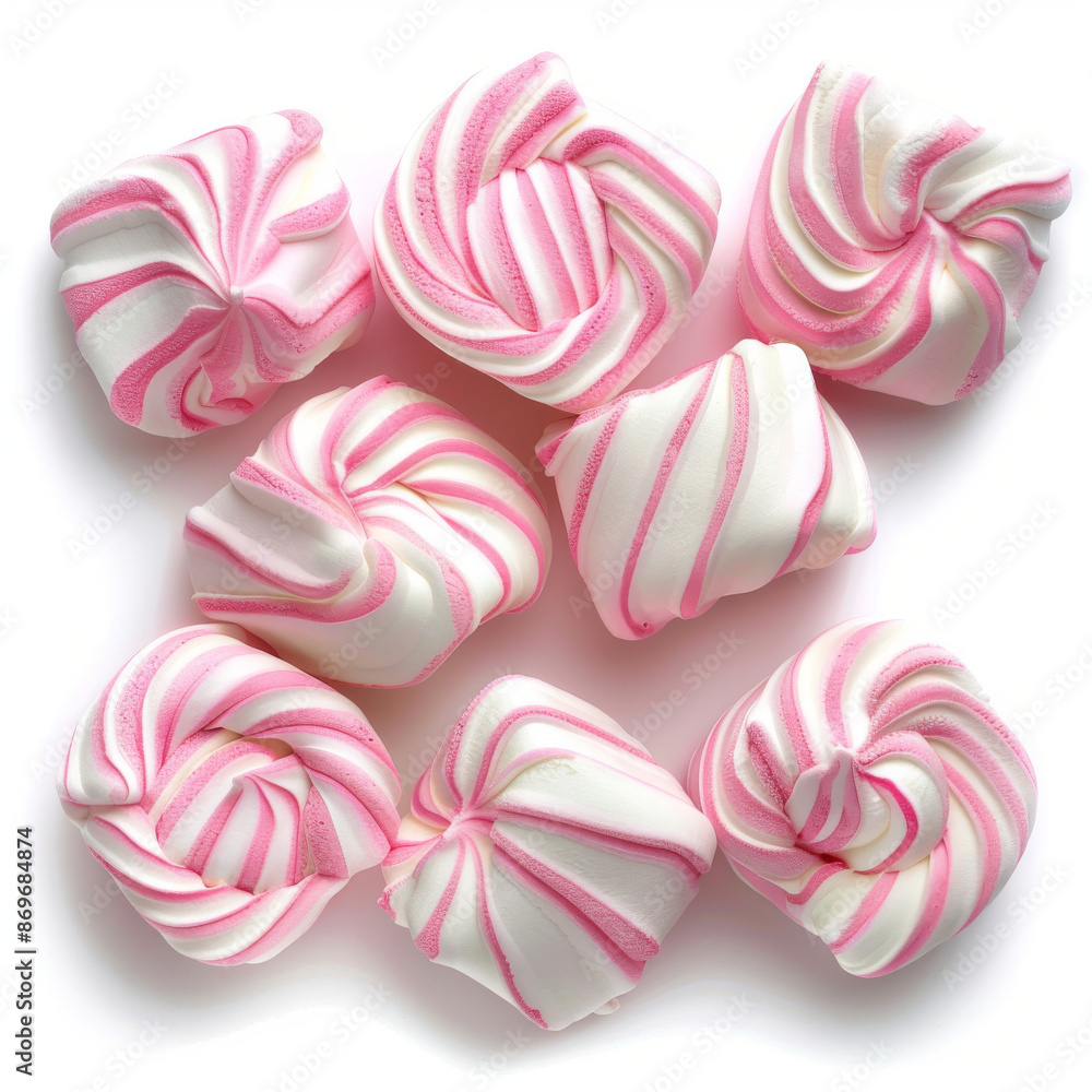 A set of pink zephyr marshmallows, isolated on a white background A set of pink zephyr marshmallows, isolated on a white background